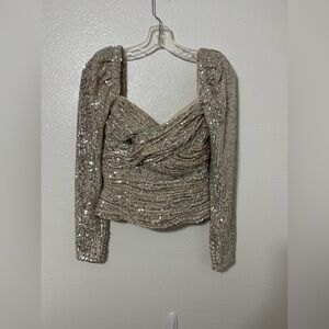 Self-Portrait Champagne Gold Sequin Ruched Crop Top Blouse Party Cocktail Glam